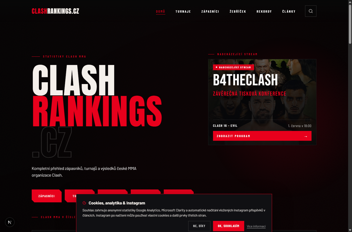 Homepage Clash Rankings s velkým titulkem a panelem nadcházejícího streamu v květnu 2026